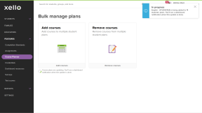 Bulk manage plans page. There is a blue "In progress" notification that says 14 students' course plans are being updated. There is also a progress spinner underneath the "Add courses" tile